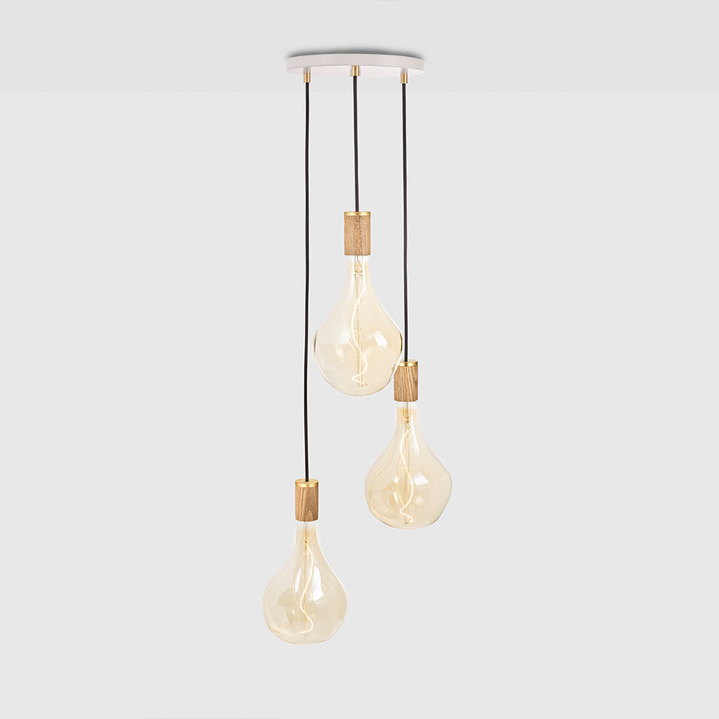 Suspension triple en chêne + Voronoi II - Rosace blanche